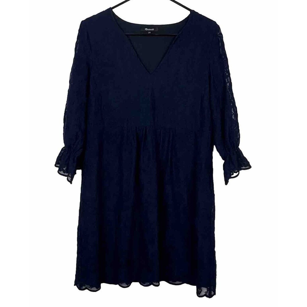 Madewell Lace Shift Dress Womens 2 Navy‎ Blue V-Neck Ruffle Sleeve F9479